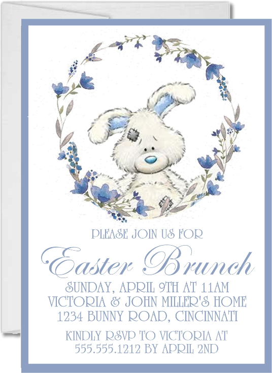 Blue floral wreath Easter brunch invitation with bunny