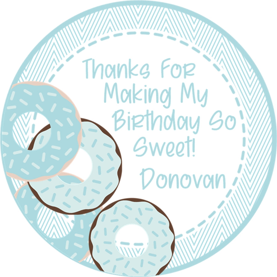 Blue frosted donut party favor label personalized with name