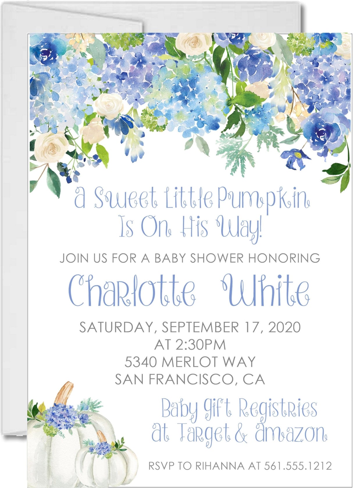 Blue green pumpkin baby shower invitations