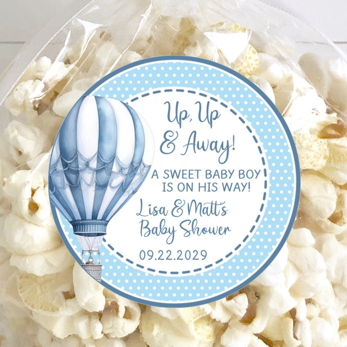 Blue hot air balloon baby shower favor stickers