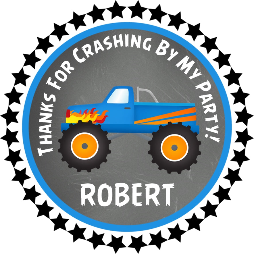 Blue monster truck birthday sticker with crashing by theme and custom name