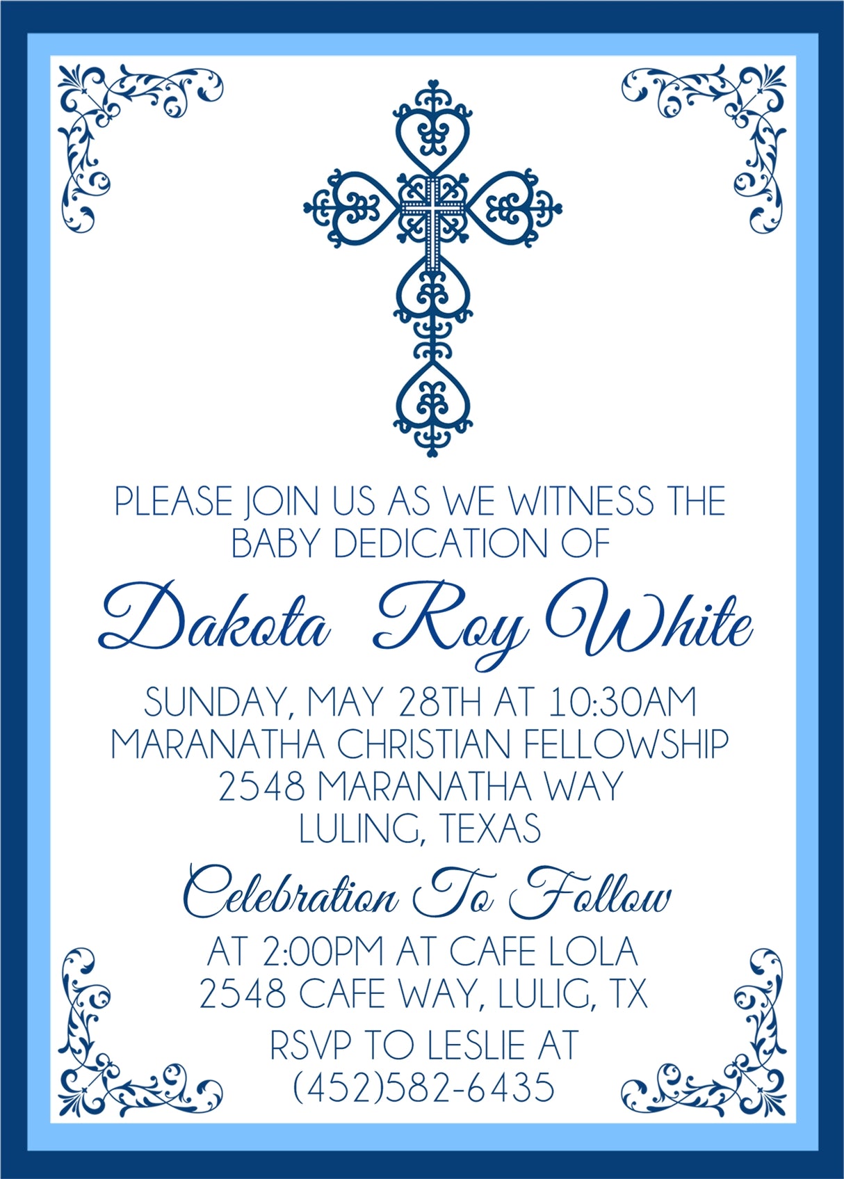 Blue ornate cross baptism invitation with decorative border