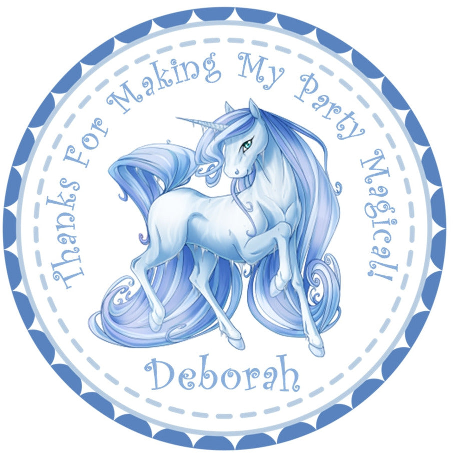 Blue personalized unicorn party favor sticker
