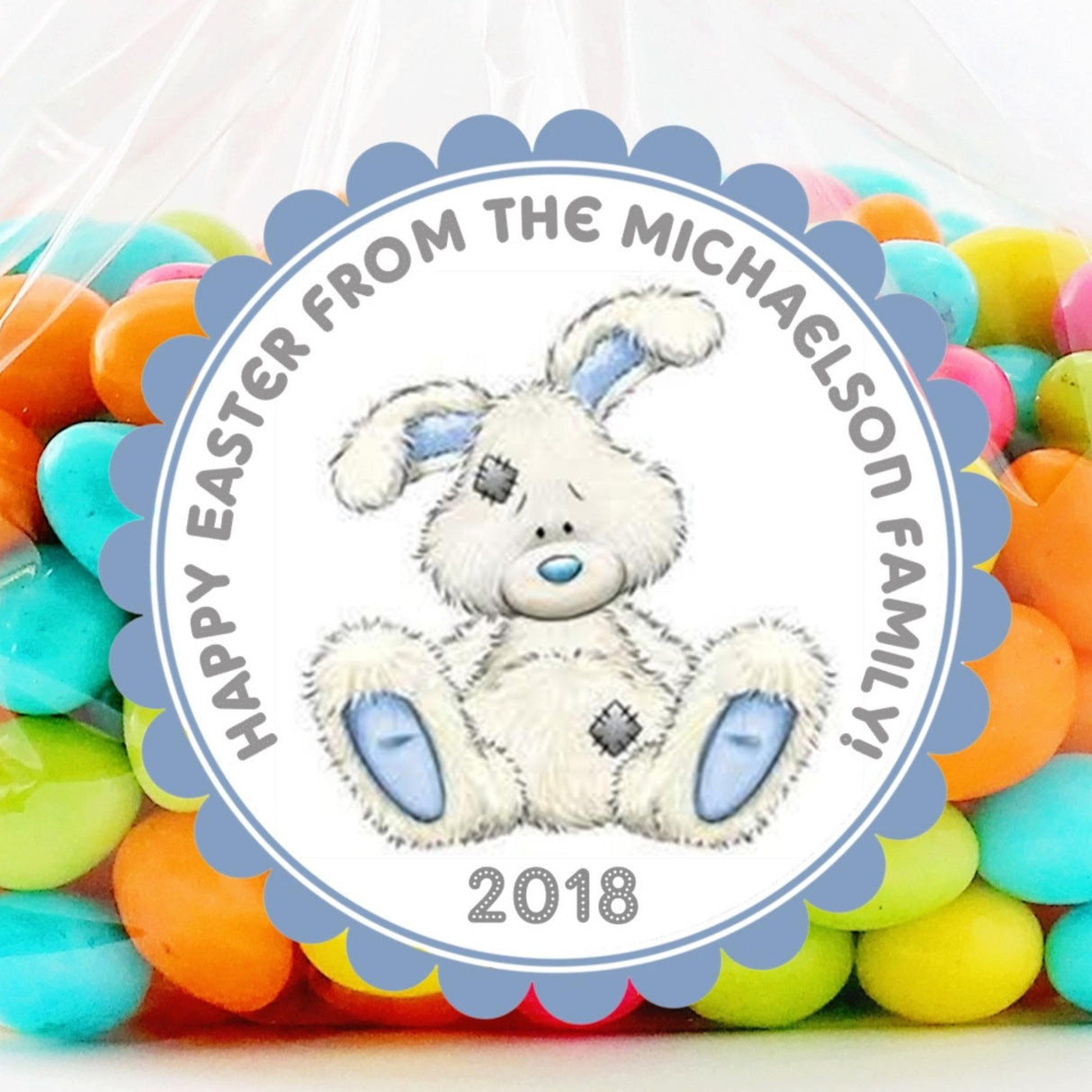 Blue plush bunny Easter sticker with scalloped edge