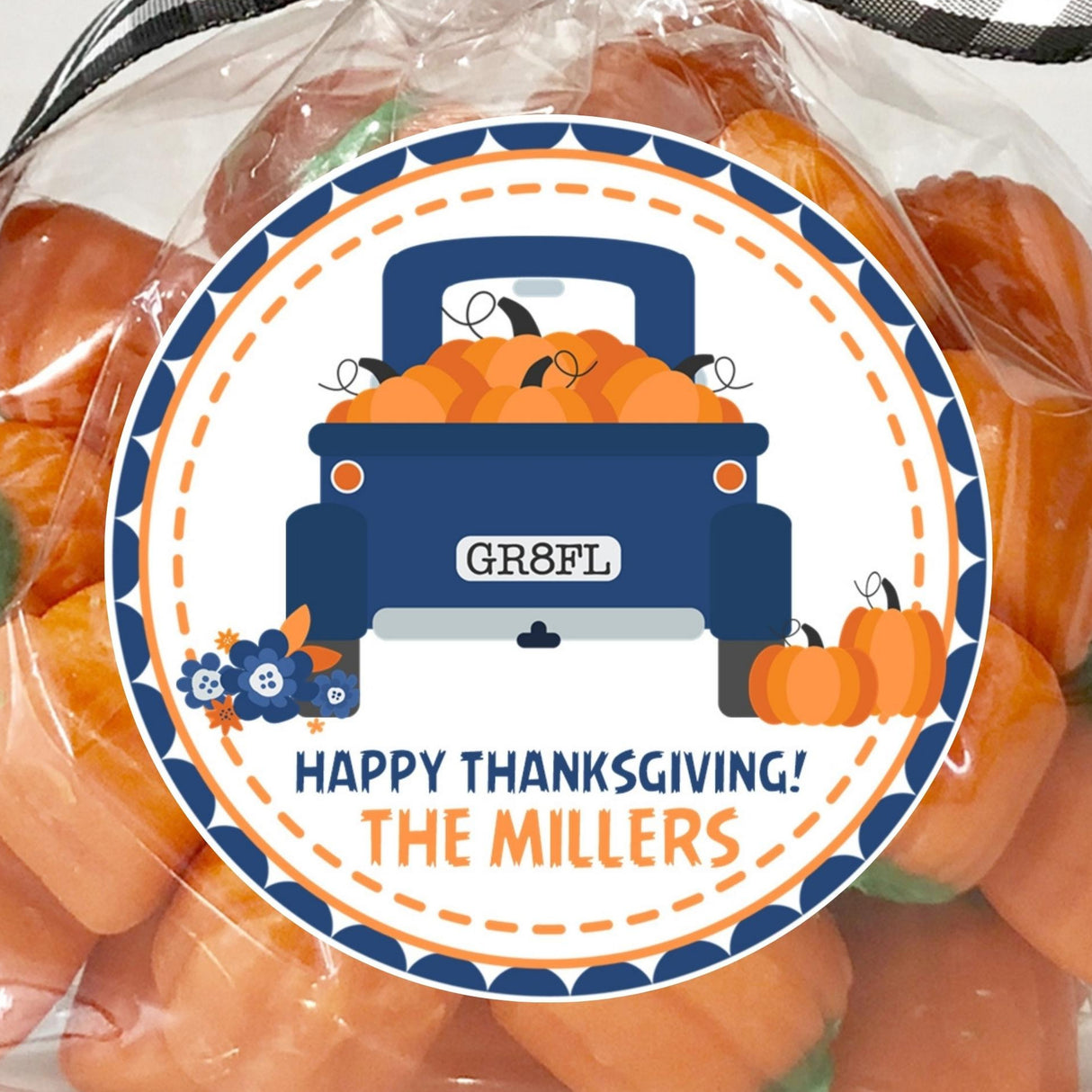 Blue pumpkin truck Thanksgiving sticker with rear view harvest design