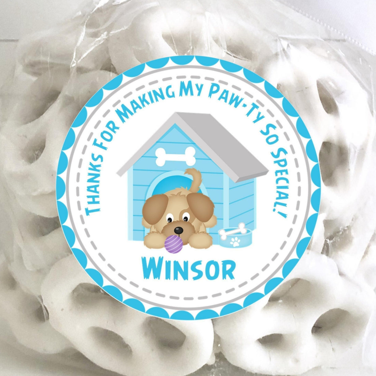 Blue puppy dog birthday sticker with purple ball