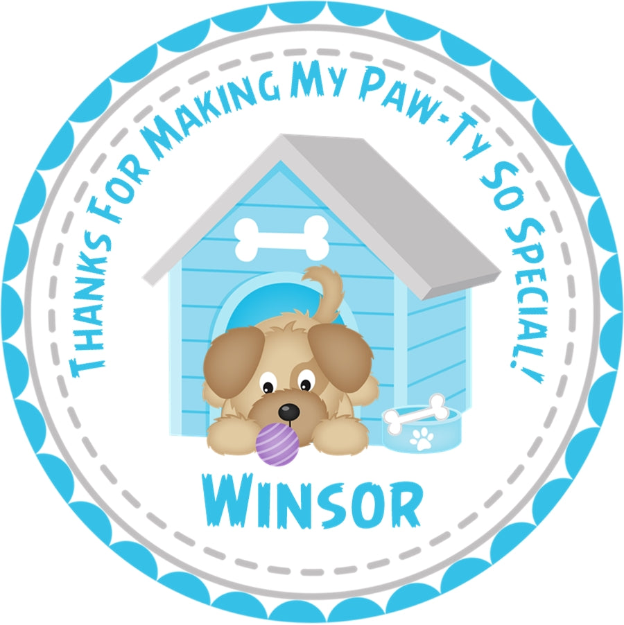 Blue puppy doghouse birthday sticker with pawty theme