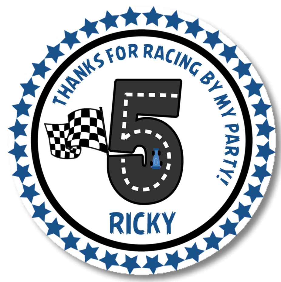 Blue racing track birthday party stickers