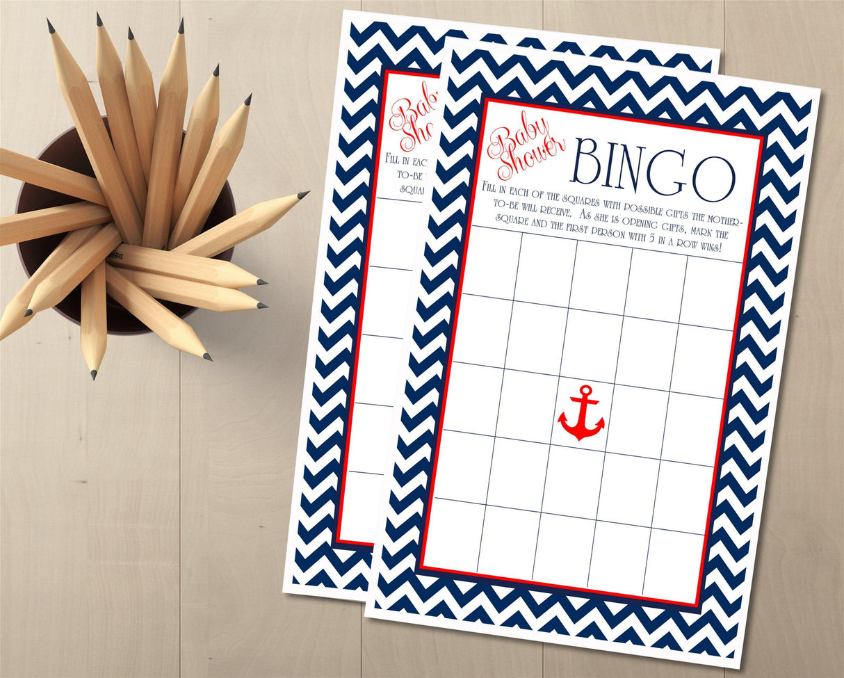Blue red nautical baby shower bingo printable card