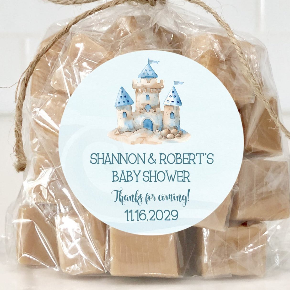 Blue sandcastle baby shower sticker for boys