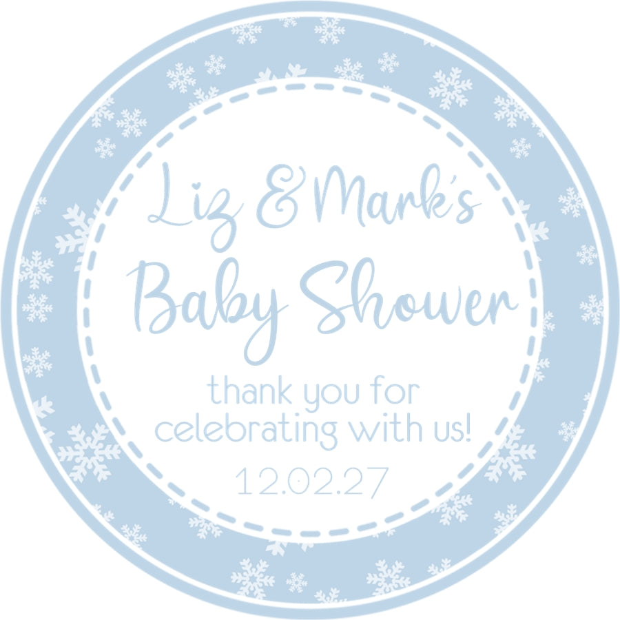 Blue snowflake baby shower sticker with soft winter pattern