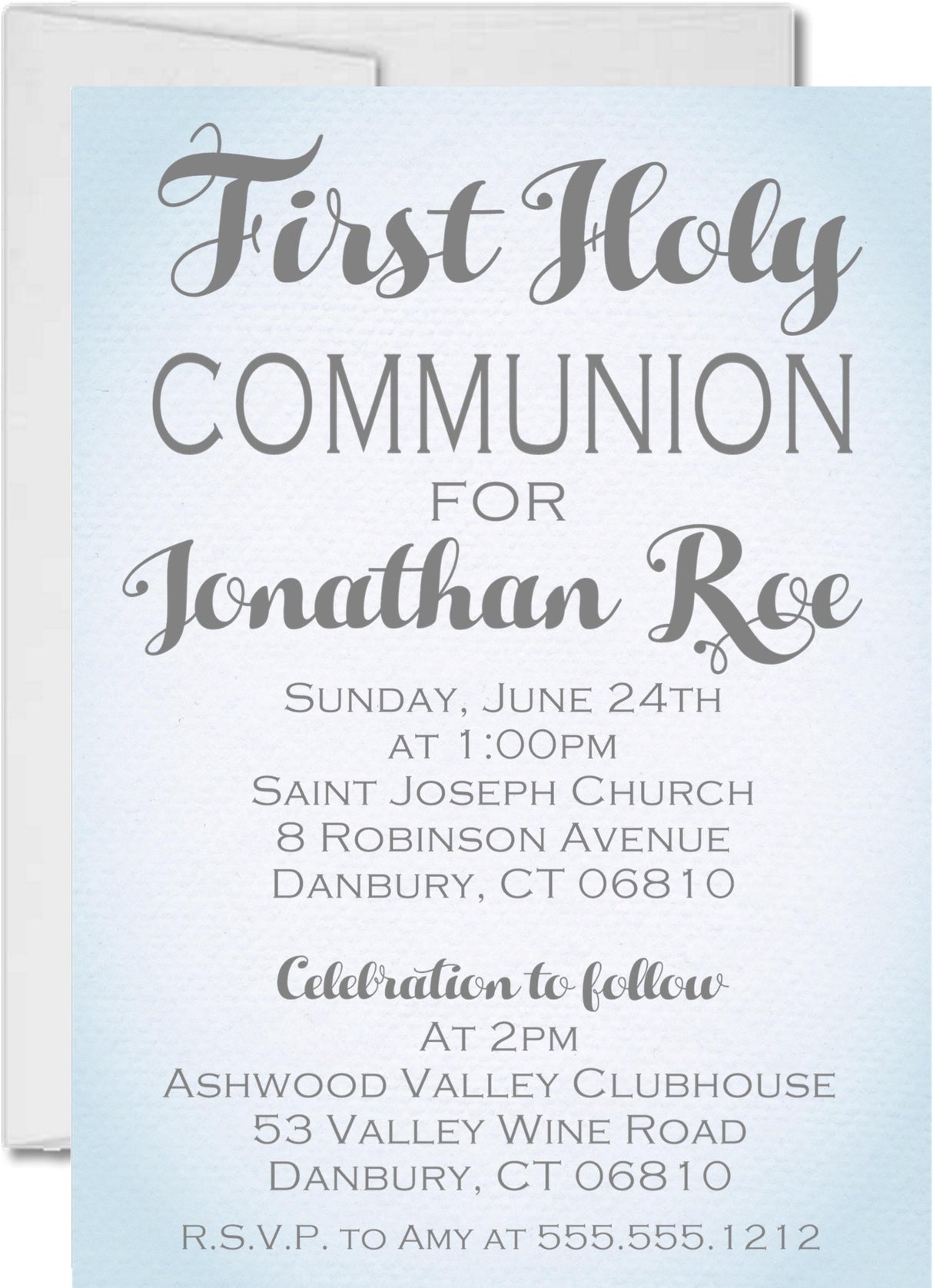 Blue watercolor First Holy Communion invitation with soft textured background