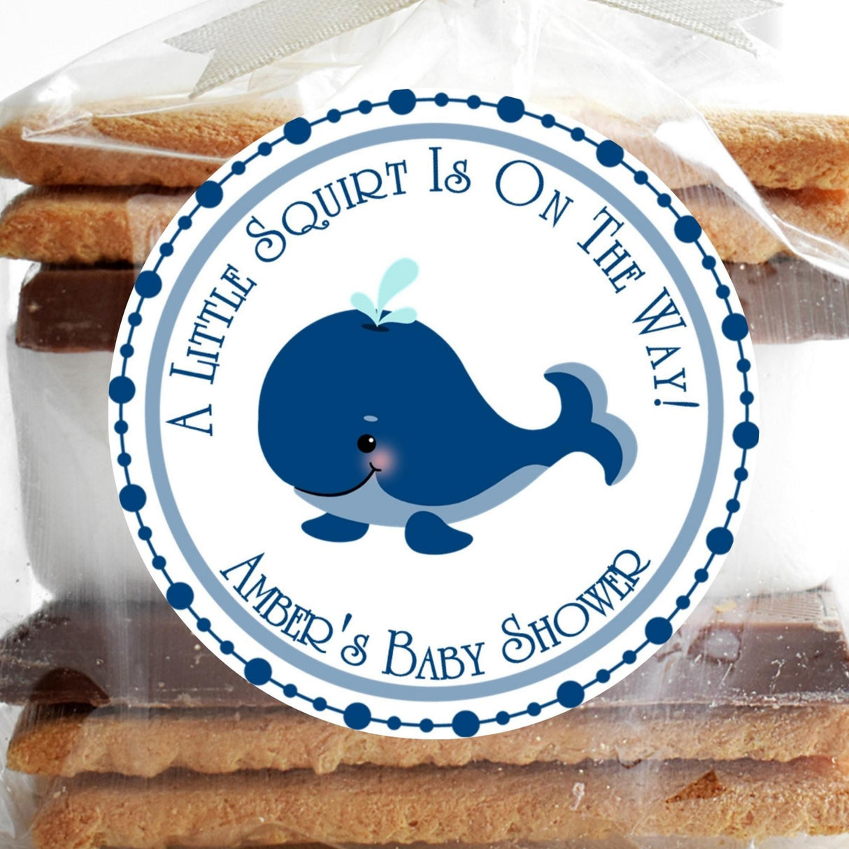 Blue whale baby shower stickers with navy border