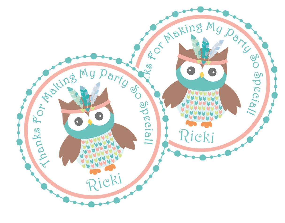 Boho owl party favor label with feathers and patterned details