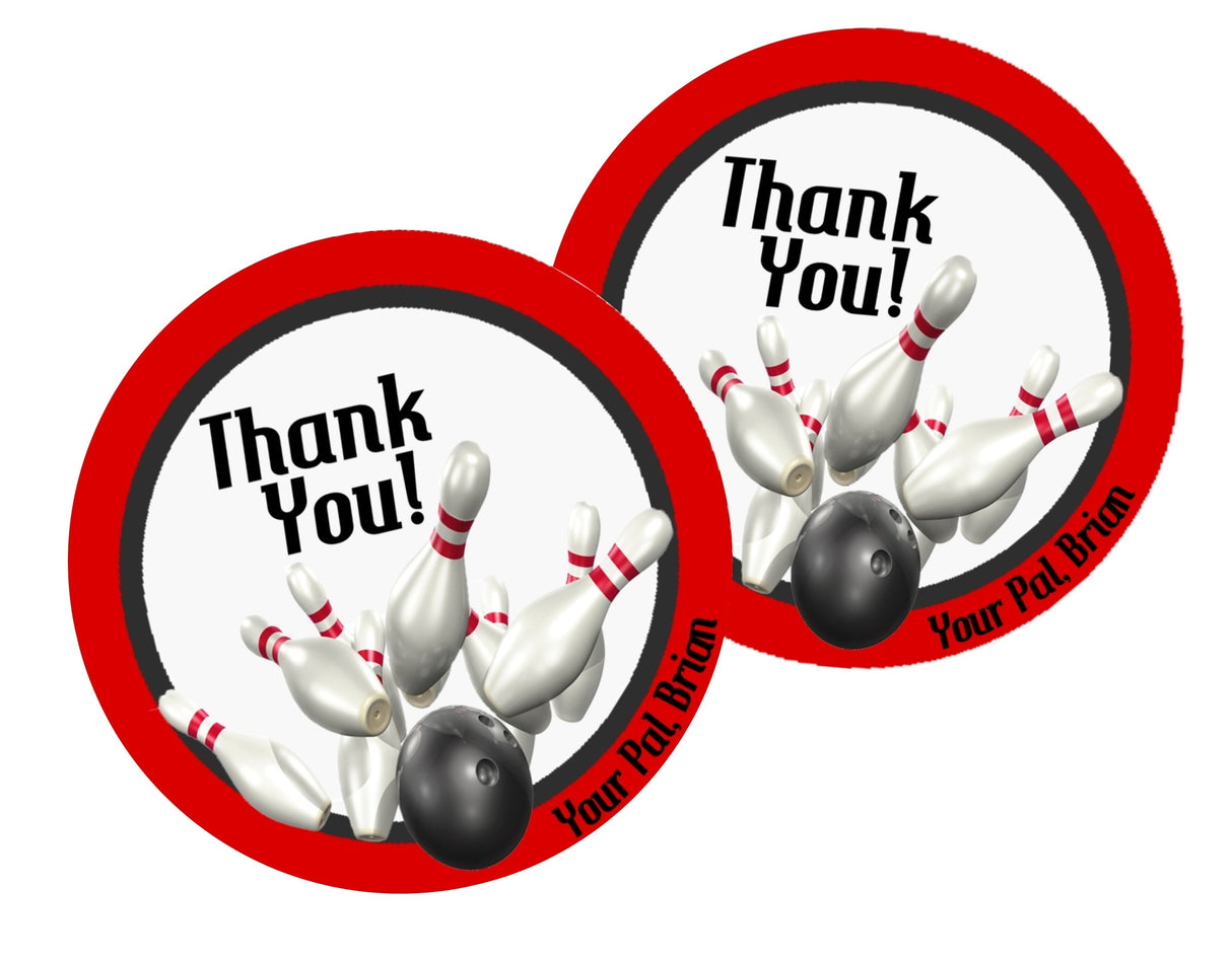 Bowling party favor label with bowling pins and ball