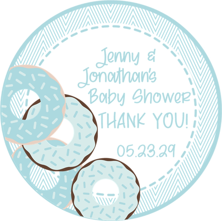Boy baby shower favor label with blue donuts