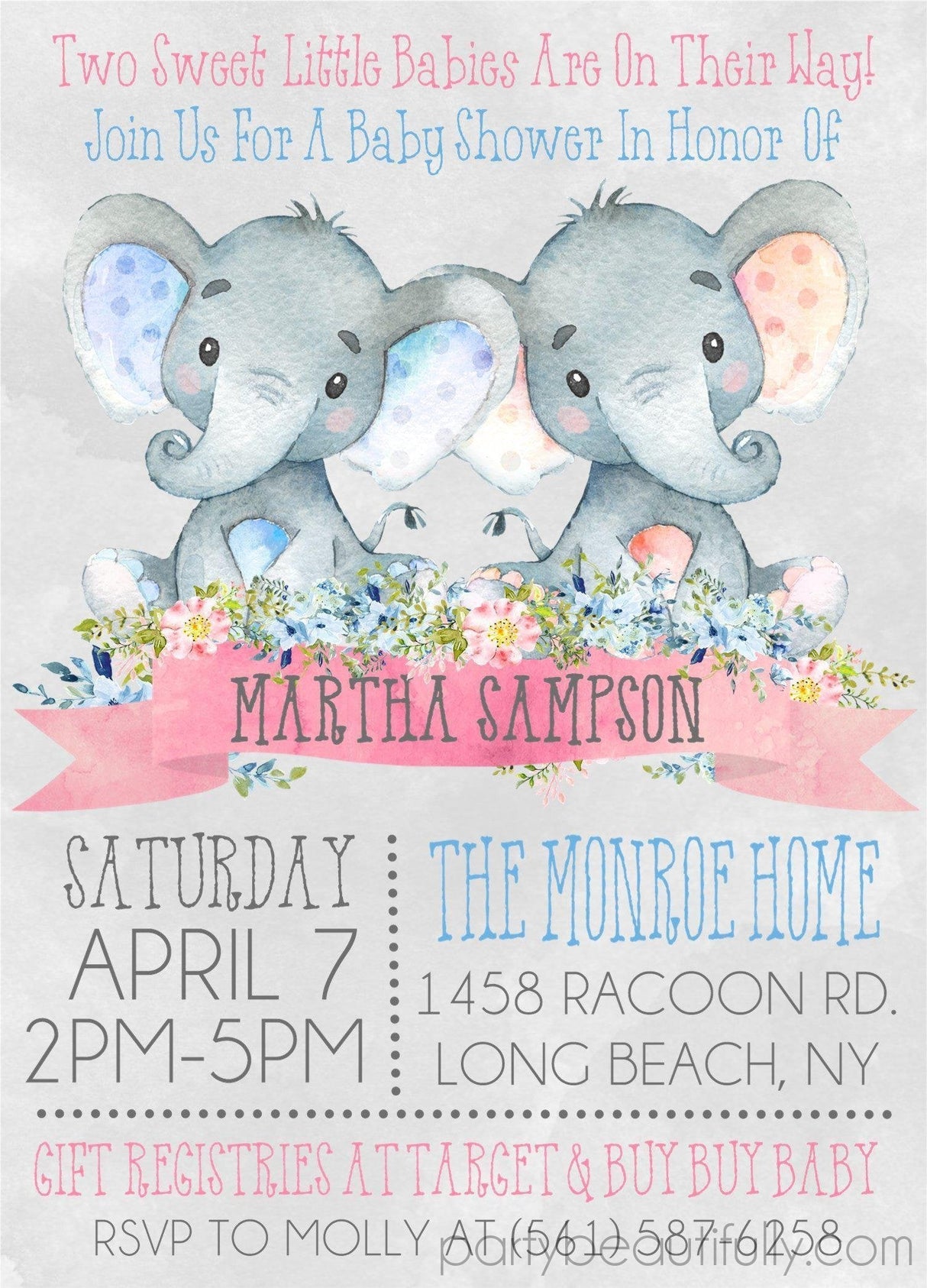 Boy girl twins elephant baby shower invitations