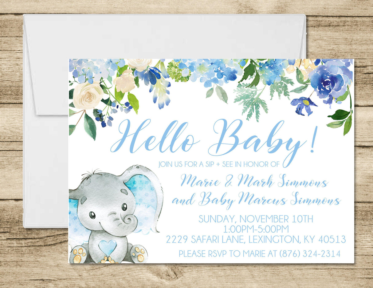 Boys Blue Safari Elephant Sip And See Invitations