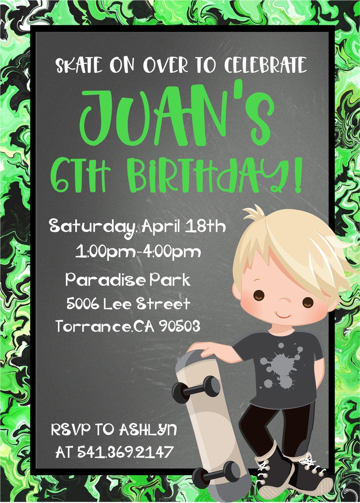 Boys Skateboard Birthday Party Invitations