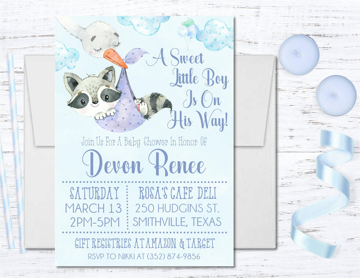 Boys Woodlands Raccoon Baby Shower Invitations