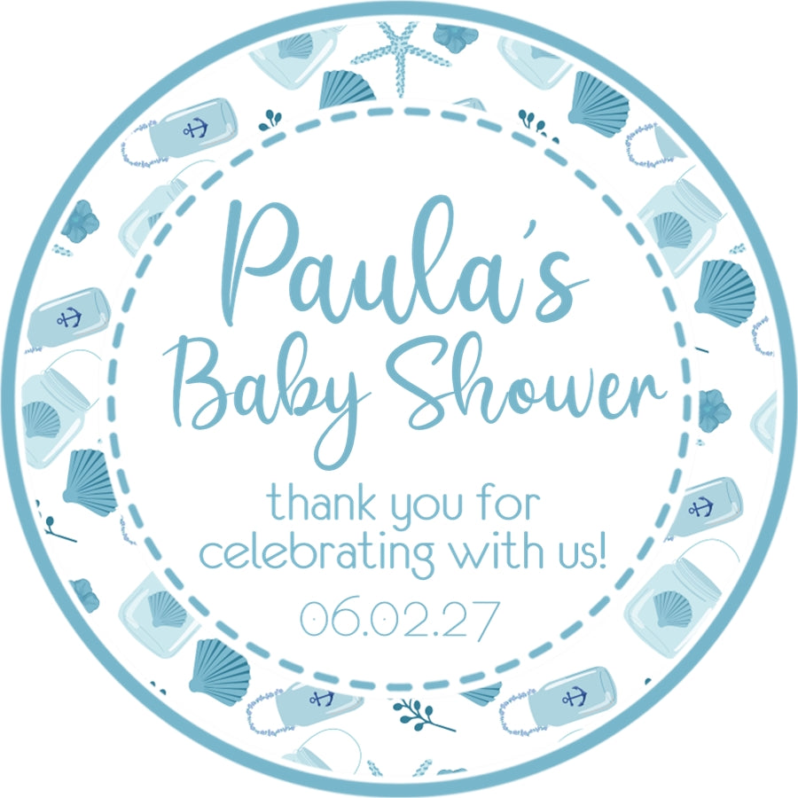 Boys blue beach baby shower sticker label
