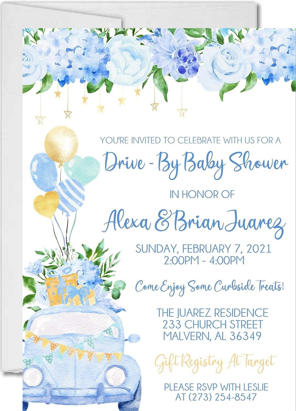 Boys blue drive by baby shower invitation