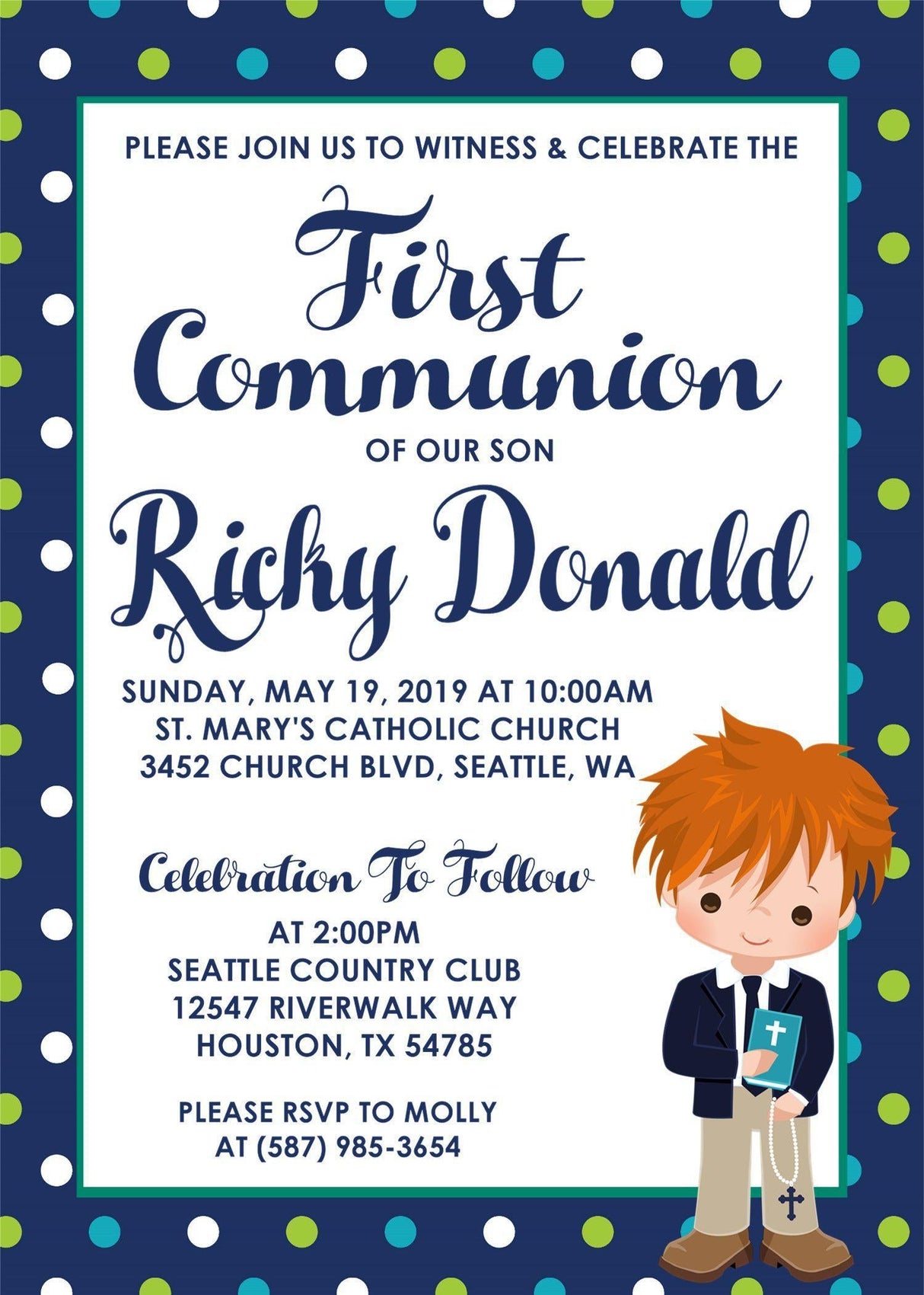 Boys communion invitation with character illustration