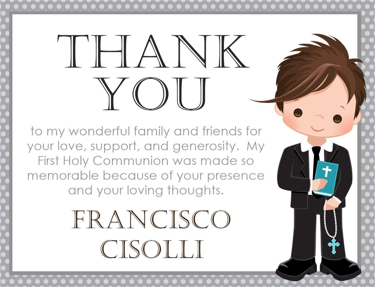 Boys gray communion thank you cards modern catholic celebration style