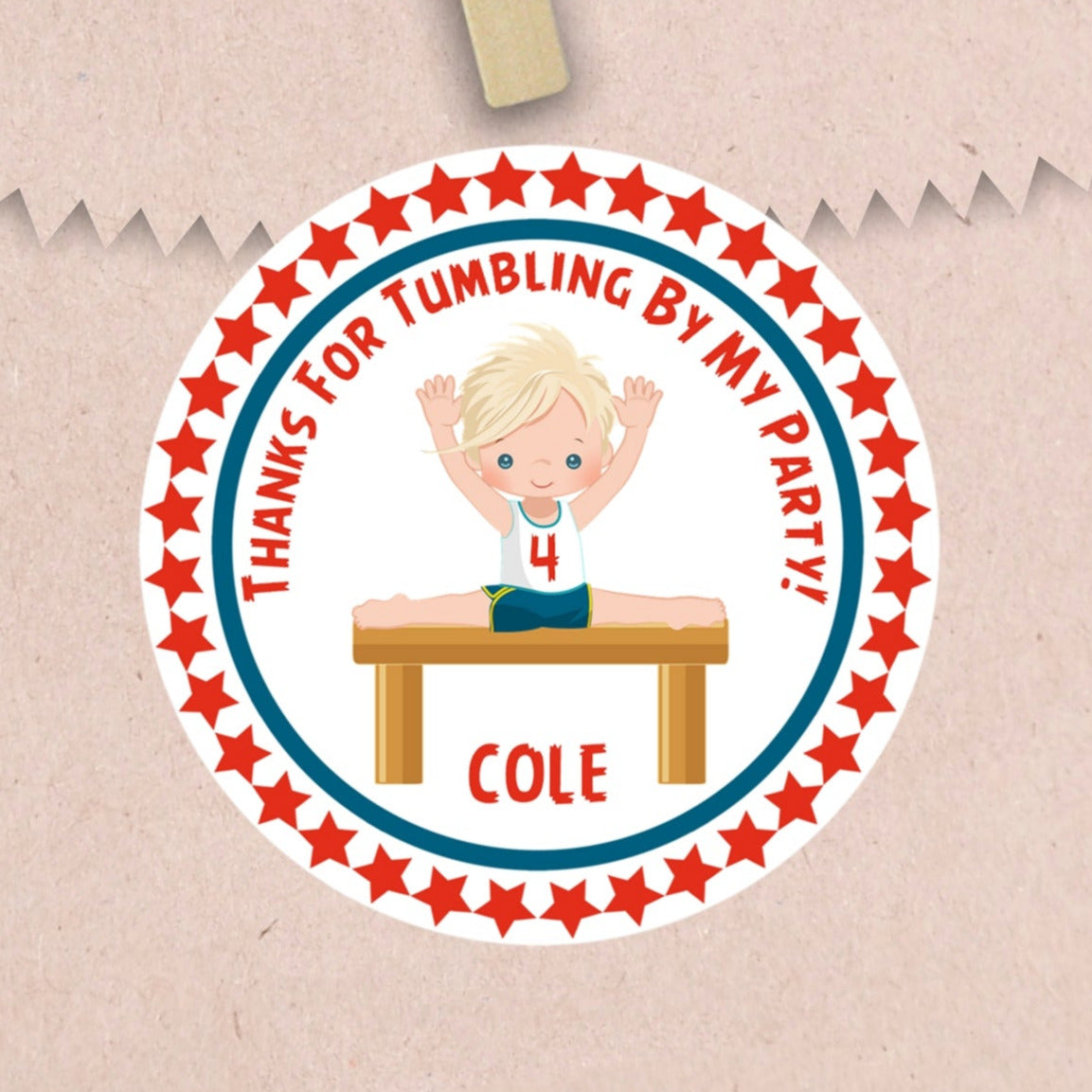 Boys gymnastics birthday sticker with red stars and gymnast on bench
