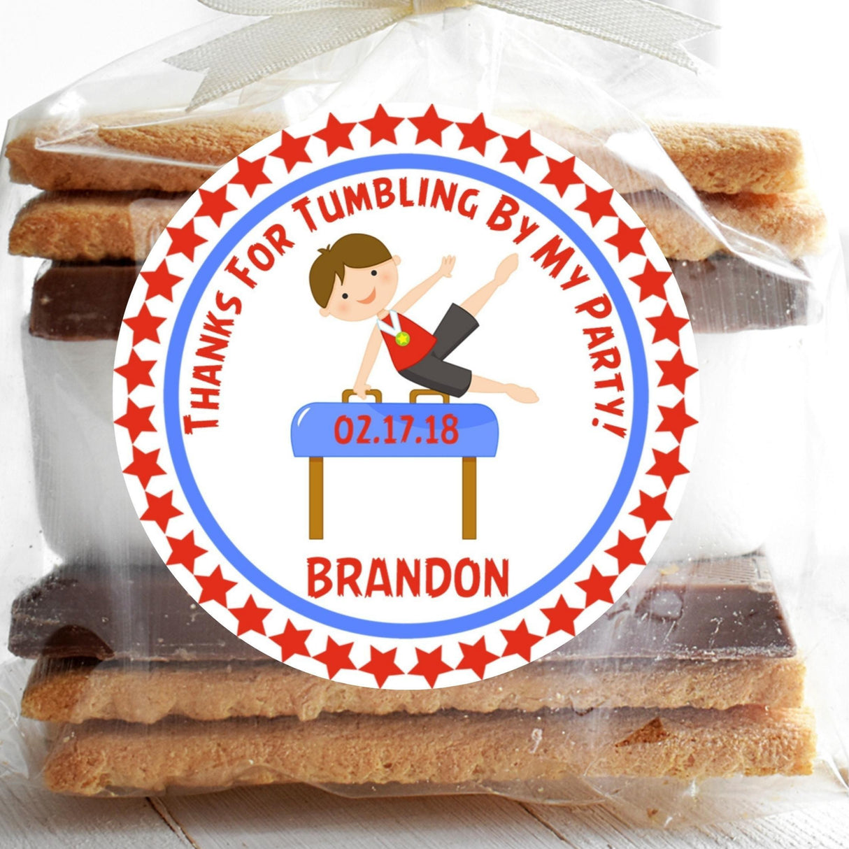 Boys gymnastics birthday stickers with red and blue pommel horse gymnast