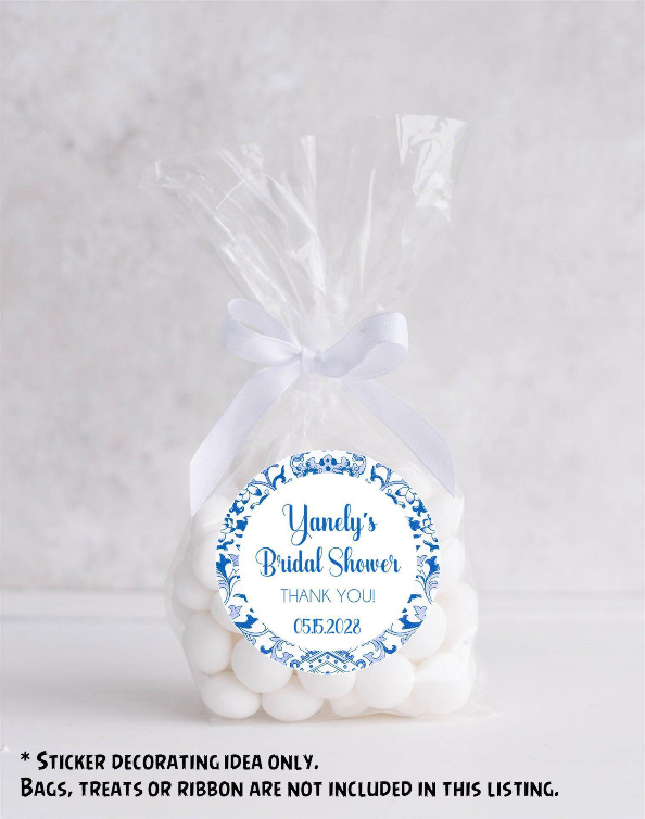 Bridal shower thank you stickers with blue chinoiserie design