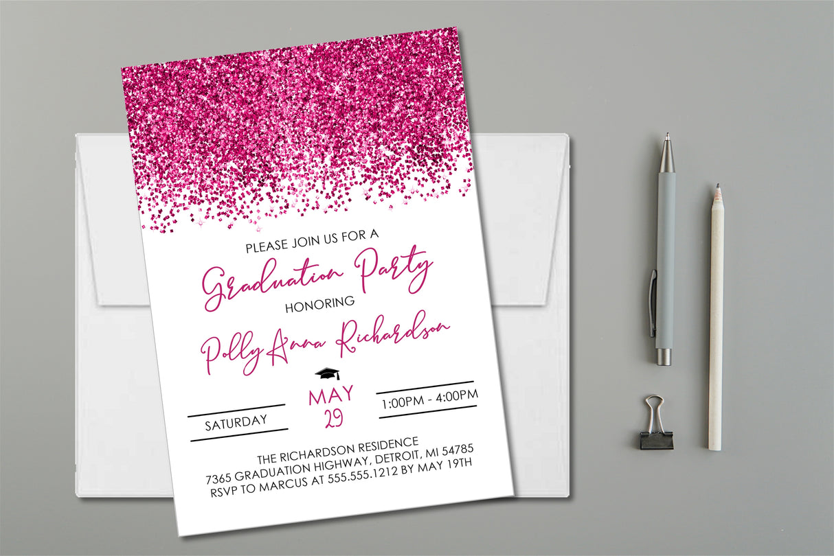 Bright magenta graduation party invitation with confetti on white background