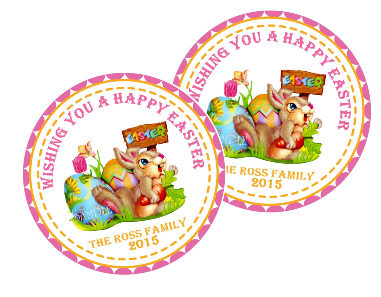 Bright pastel Easter bunny favor stickers with painted egg artwork