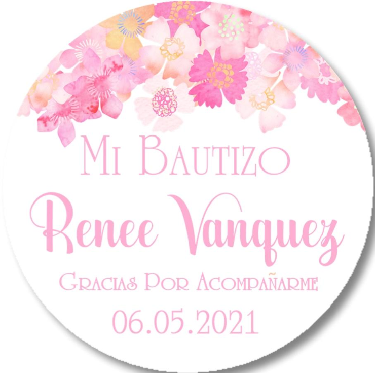 Bright pink flower baptism favor label