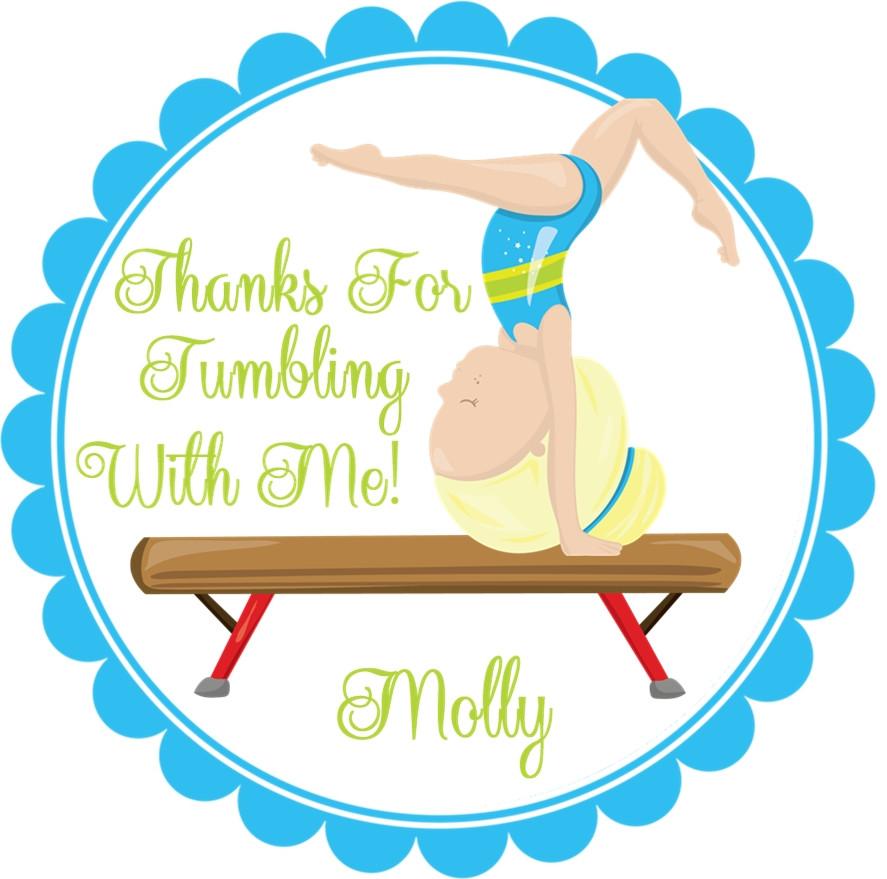 Brown-haired gymnast birthday favor sticker with aqua scalloped border