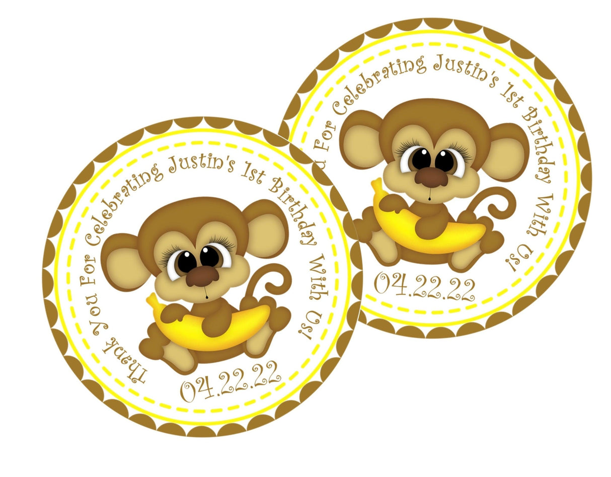 Brown monkey holding banana party label