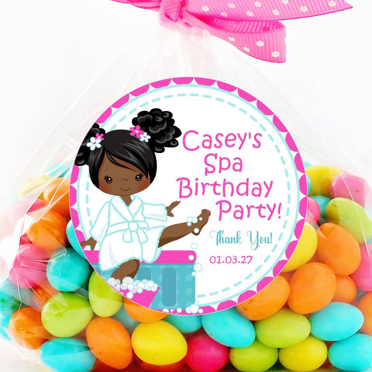 Brown spa girl birthday sticker with personalized name