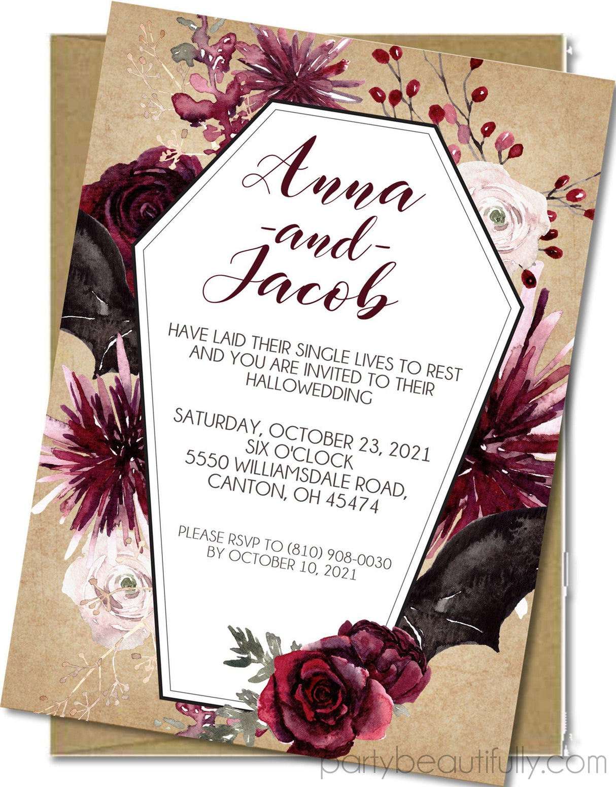 Burgundy floral Hallowedding invitation featuring gothic inspired wedding artwork and greenery accents