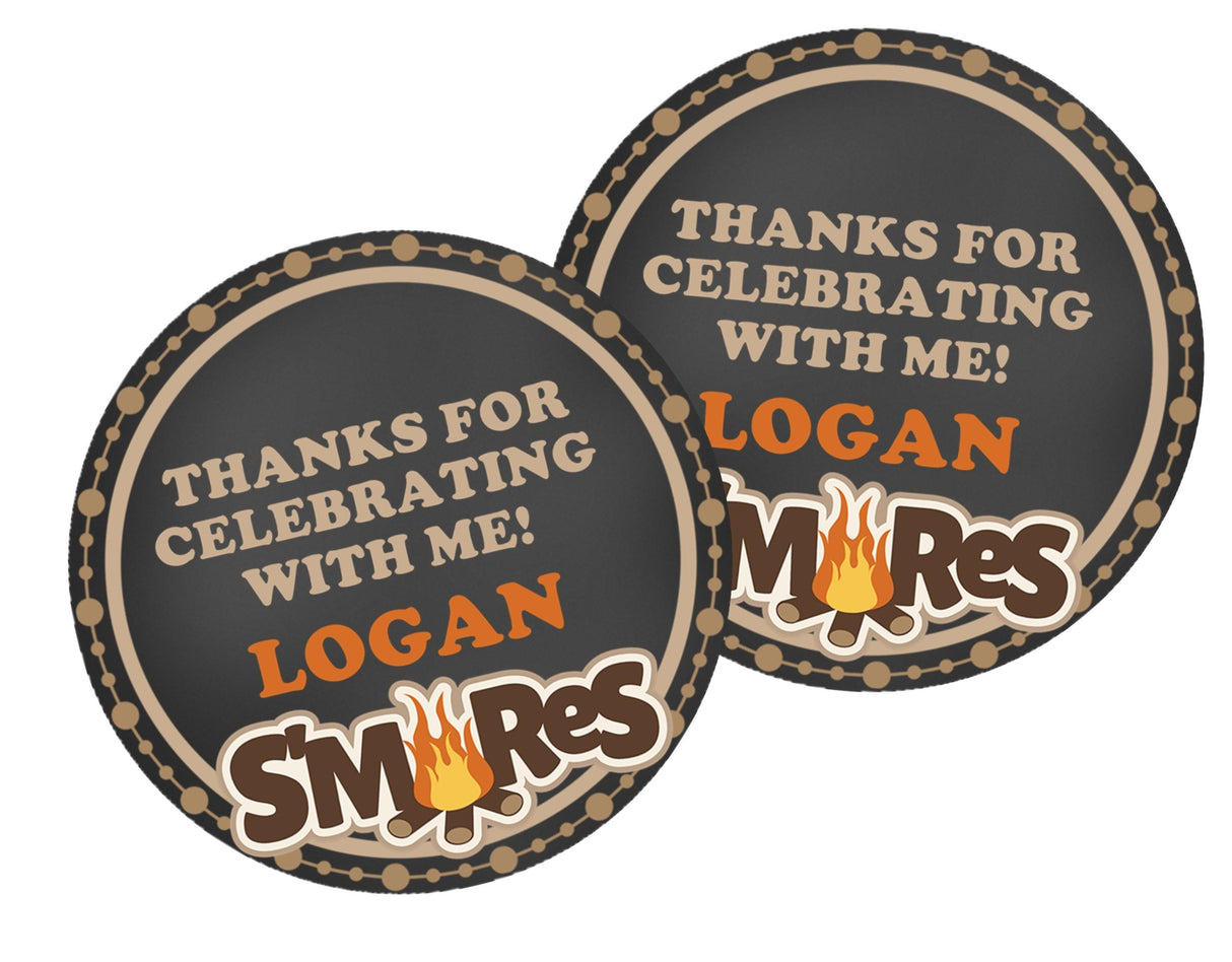 Camping party favor sticker featuring toasted marshmallow design