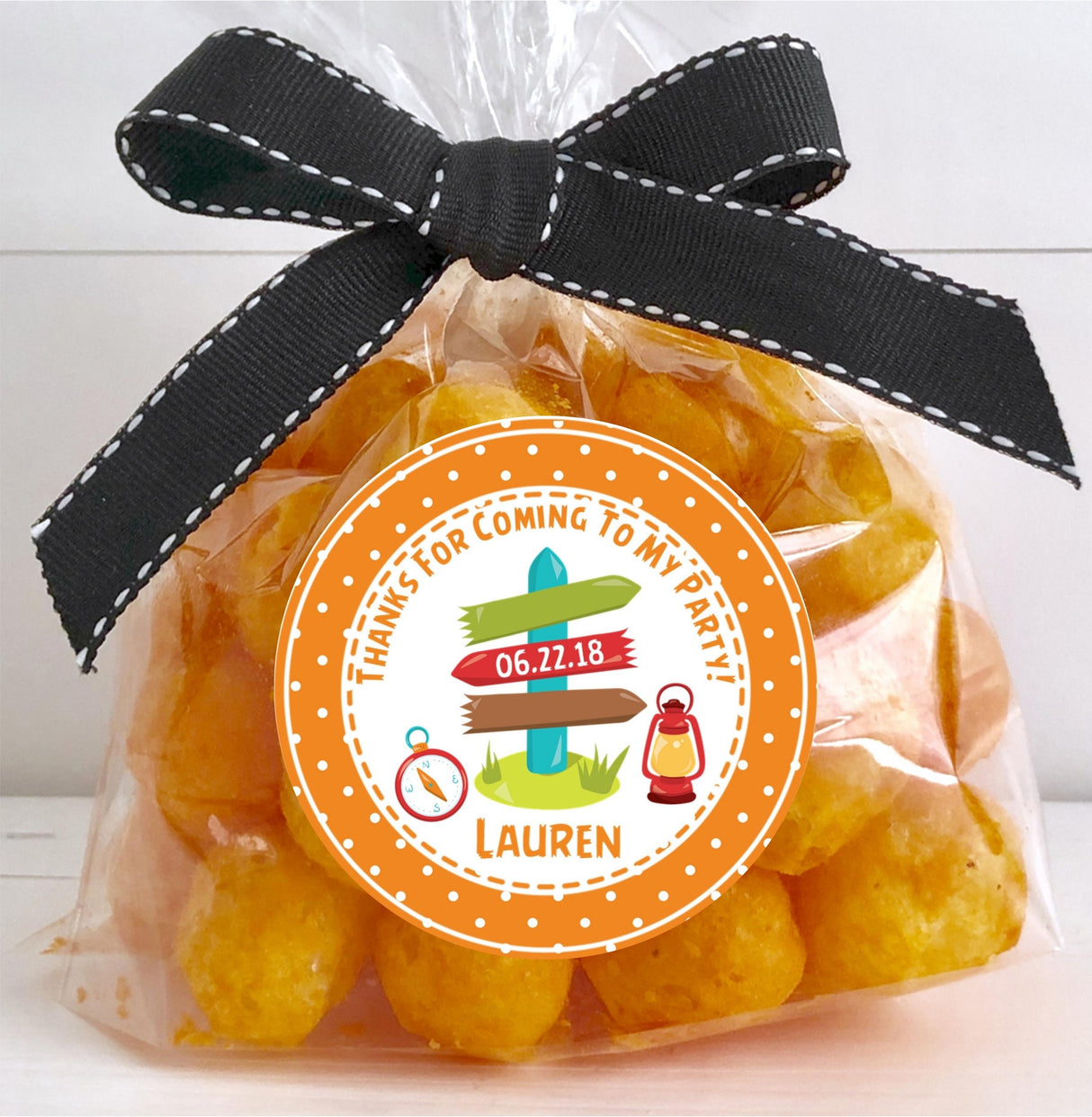 Camping themed party favor sticker with orange polka dot border