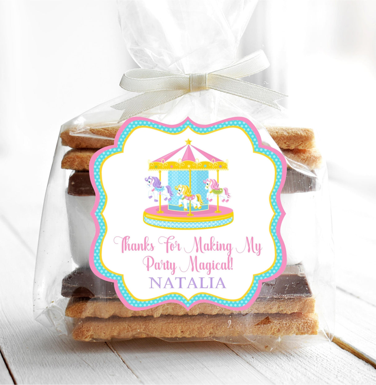 Carousel party favor label in pink pastel theme for girls birthday