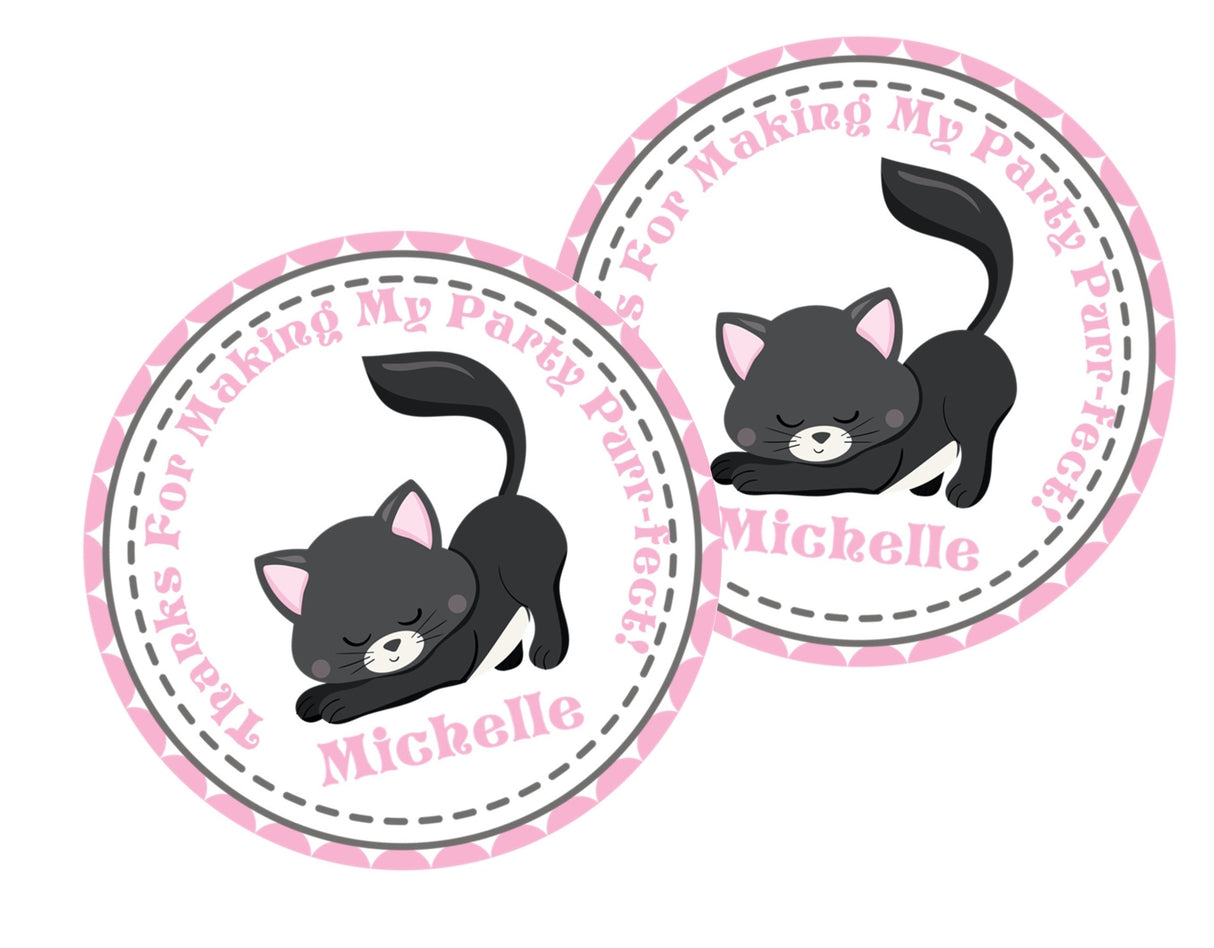 Cat party favor label featuring playful kitten
