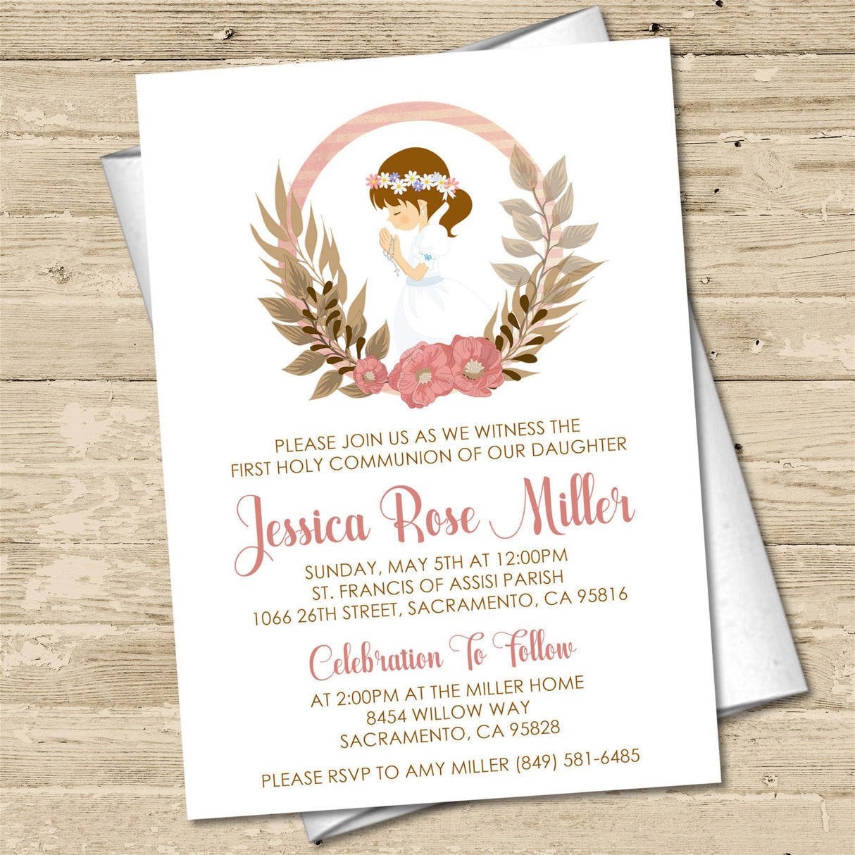 Catholic communion invitation featuring praying girl design