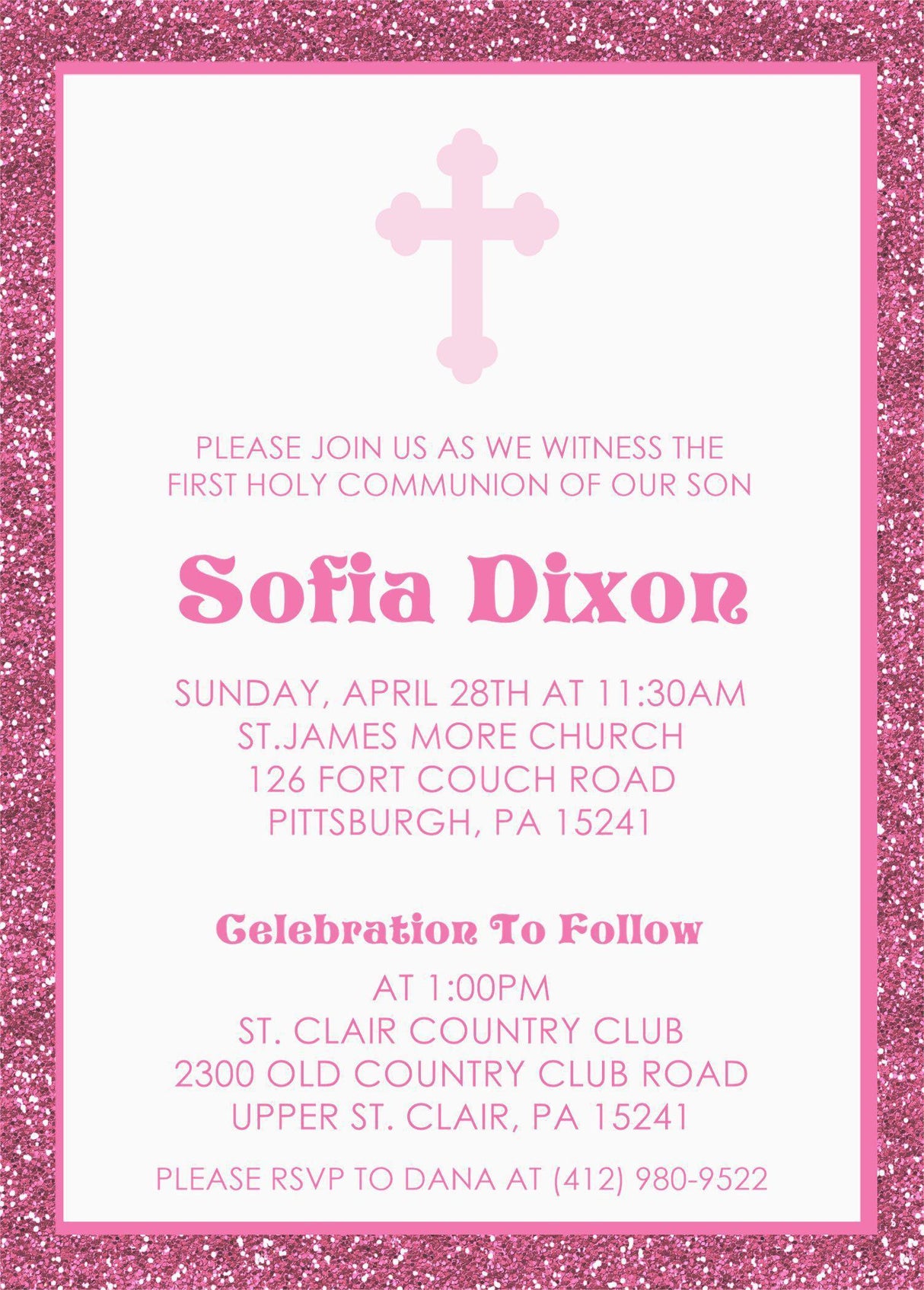 Catholic first communion invitation for girls pink color option