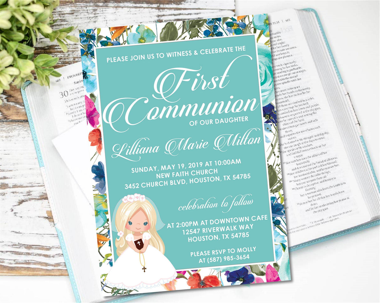 Catholic first communion invitation teal floral design