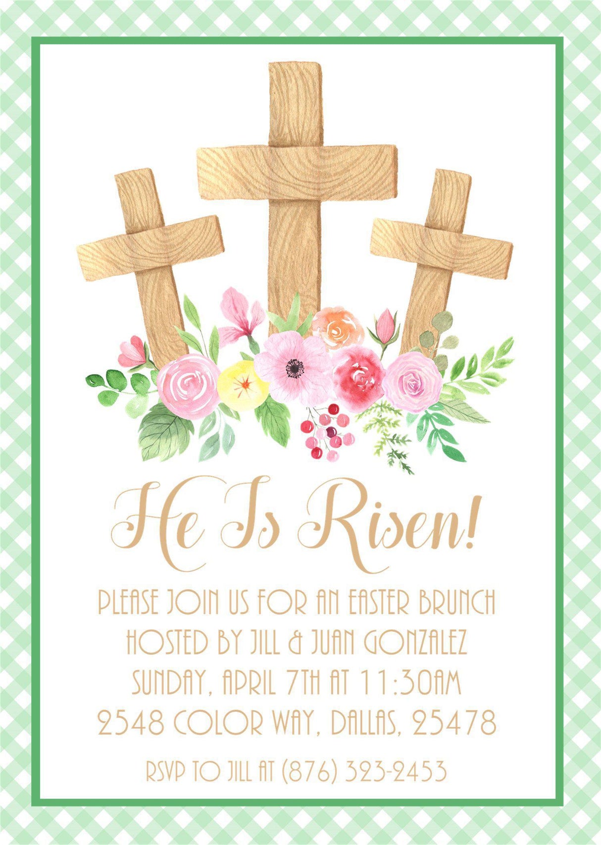 Christian Easter brunch invitation with watercolor flowers and crosses