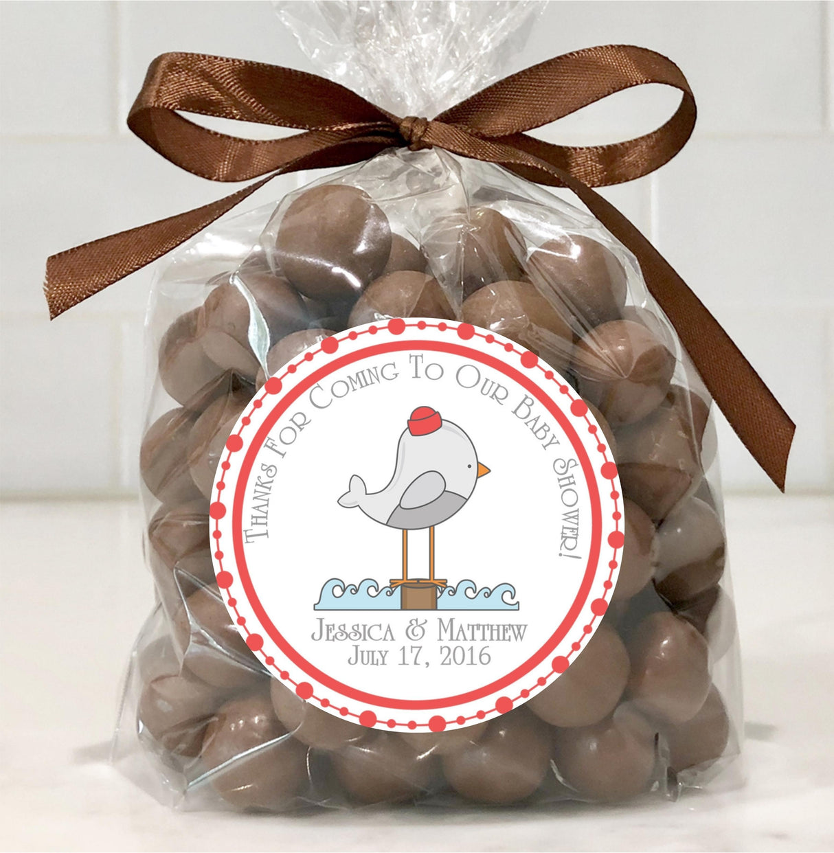 Coastal bird baby shower favor label