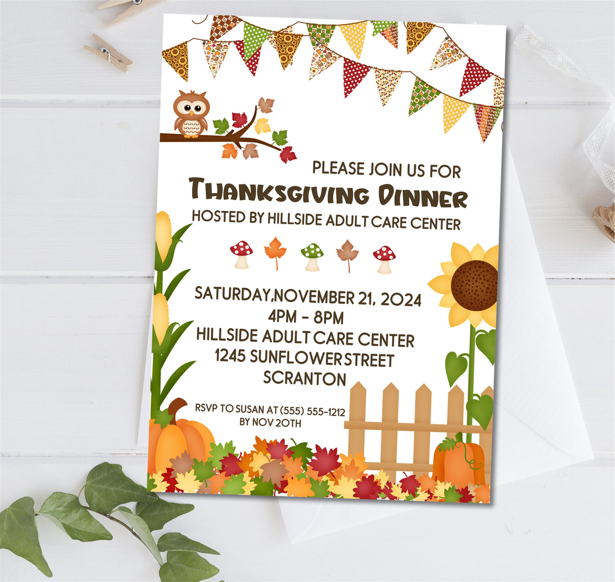 Colorful fall harvest community dinner invitation