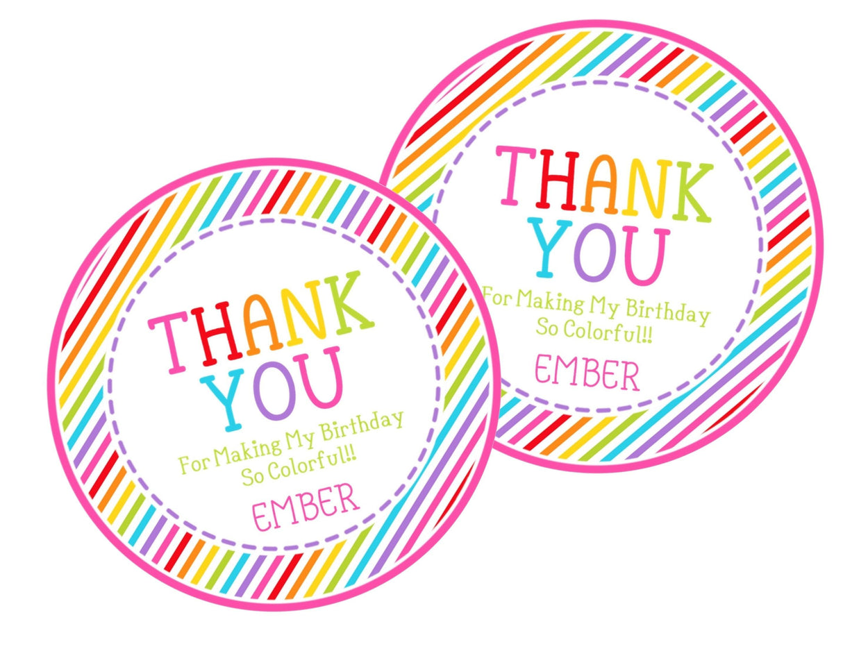 Colorful kids party favor label with rainbow border design