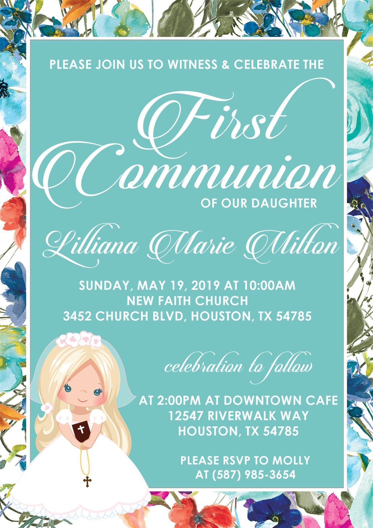 Colorful watercolor floral communion invitation with character